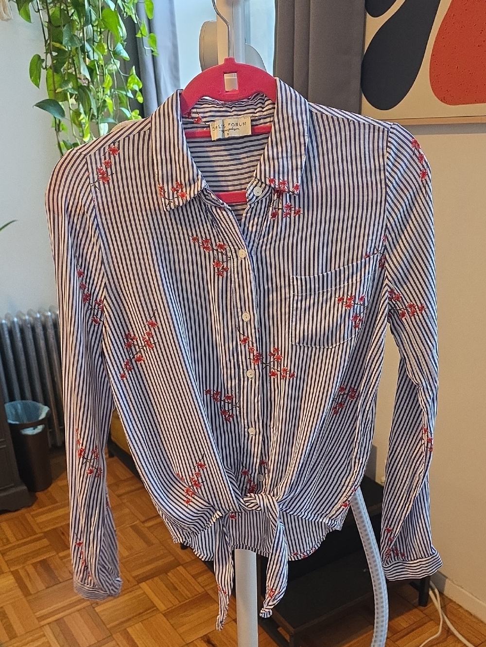 Dress Forum Blue & White Striped Button-Front Shirt with Red Floral Detail